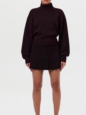 naked wardrobe Burgandy Black Ribbed Pleated Knit Mini Skirt